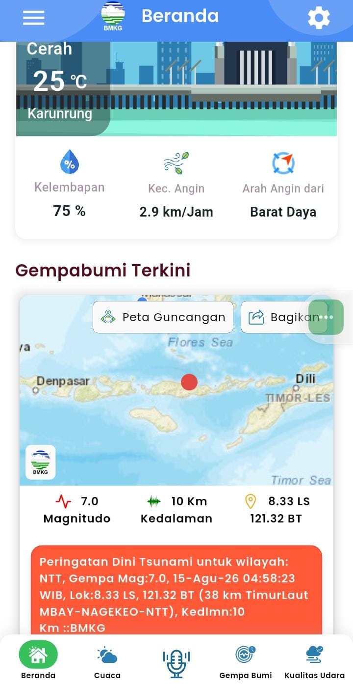Tangkapan layar peringatan gempa bumi melalui aplikasi BMKG, dari salah satu warga Kota Makassar yang berada di Karunrung.