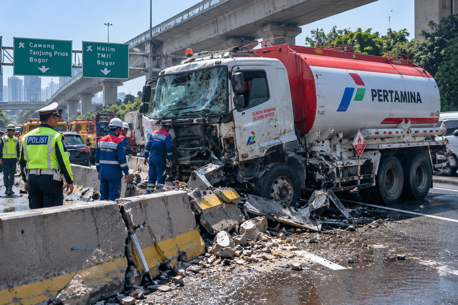 Truk Tangki Pertamina Tabrak Barrier di Tol Jagorawi, Tidak Ada Korban Jiwa.