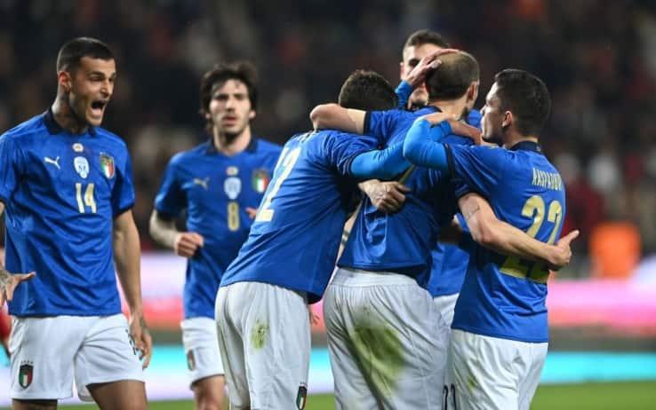 Pemain Timnas Italia merayakan gol dalam kemenangan 4-1 atas Turki di UEFA Nations League 2026/27.