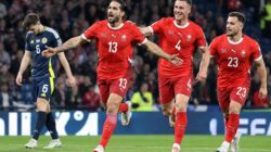 Timnas Swiss merayakan kemenangan atas Skotlandia di UEFA Nations League. Judul Foto: Swiss Hancurkan Skotlandia di UEFA Nations League.