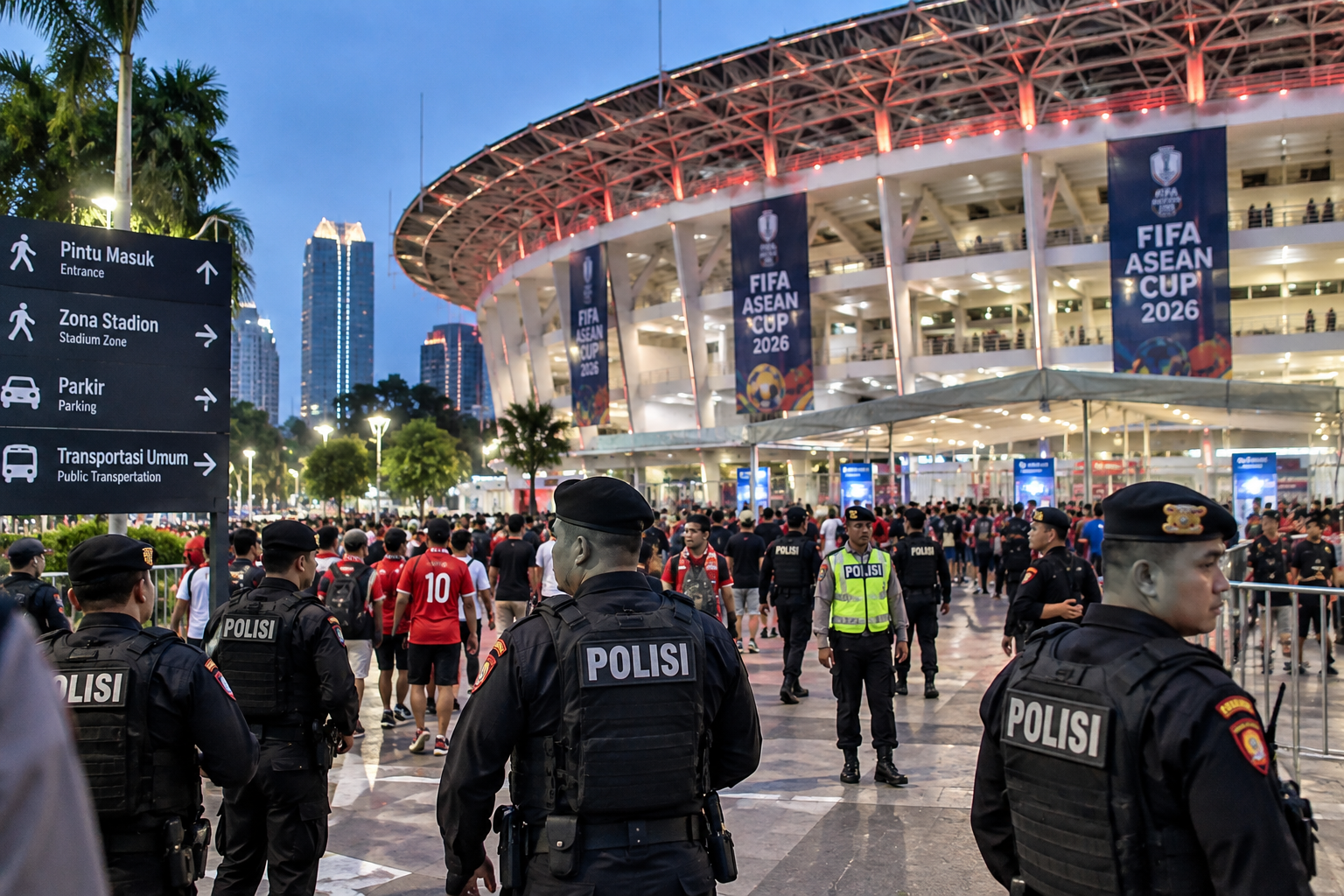 Pengamanan polisi di kawasan Stadion Utama Gelora Bung Karno saat FIFA ASEAN Cup 2026