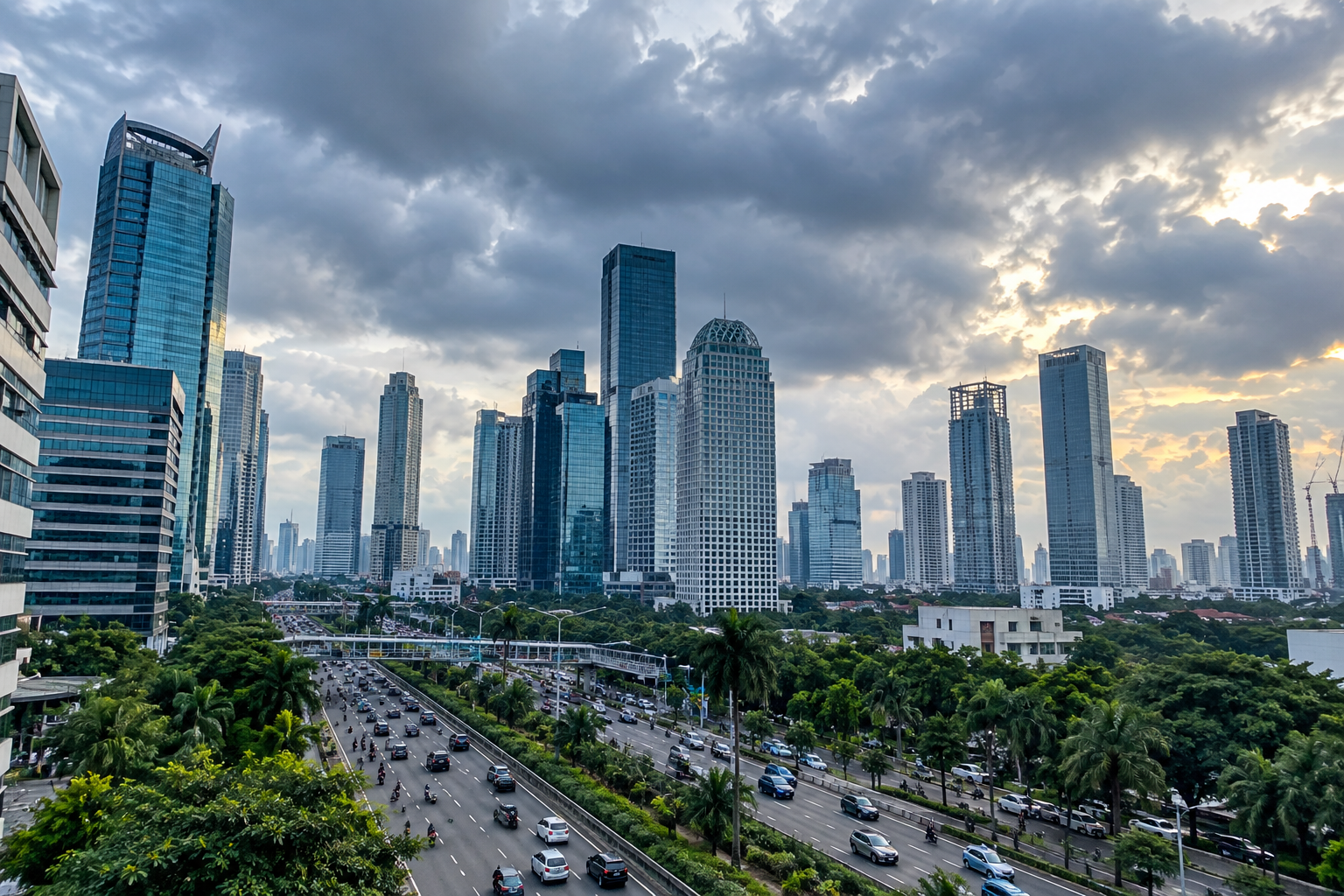 Suasana gedung pencakar langit Jakarta di tengah cuaca berawan.