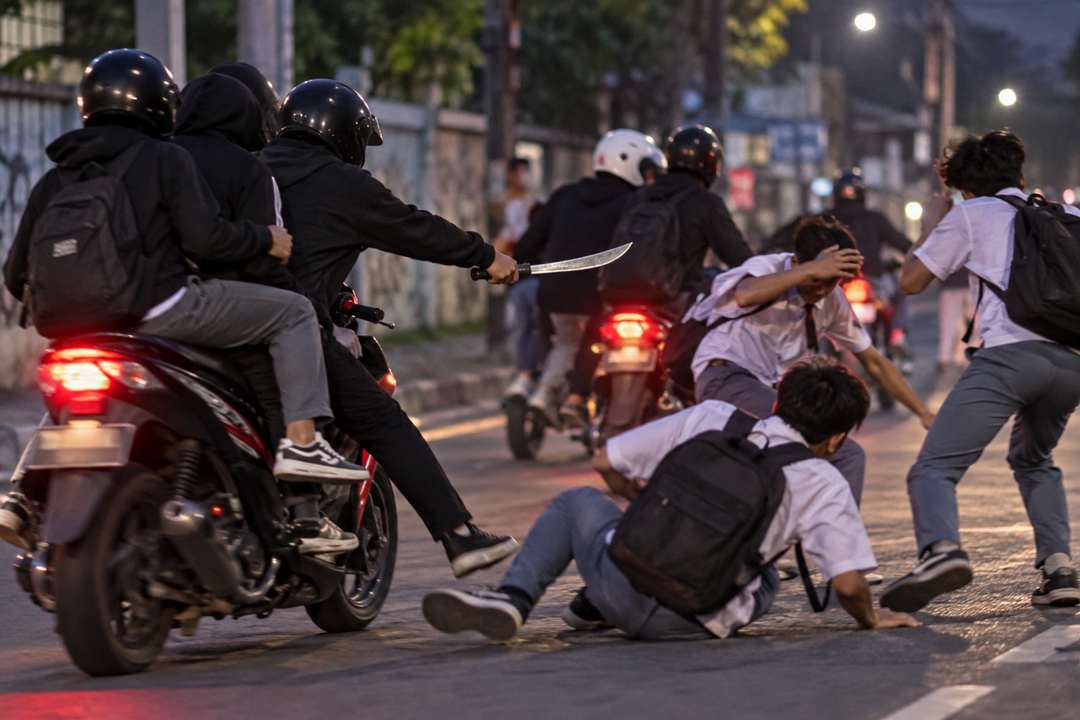 Ilustrasi sekelompok pelajar mengendarai sepeda motor menyerang pelajar lain menggunakan senjata tajam di Bekasi.