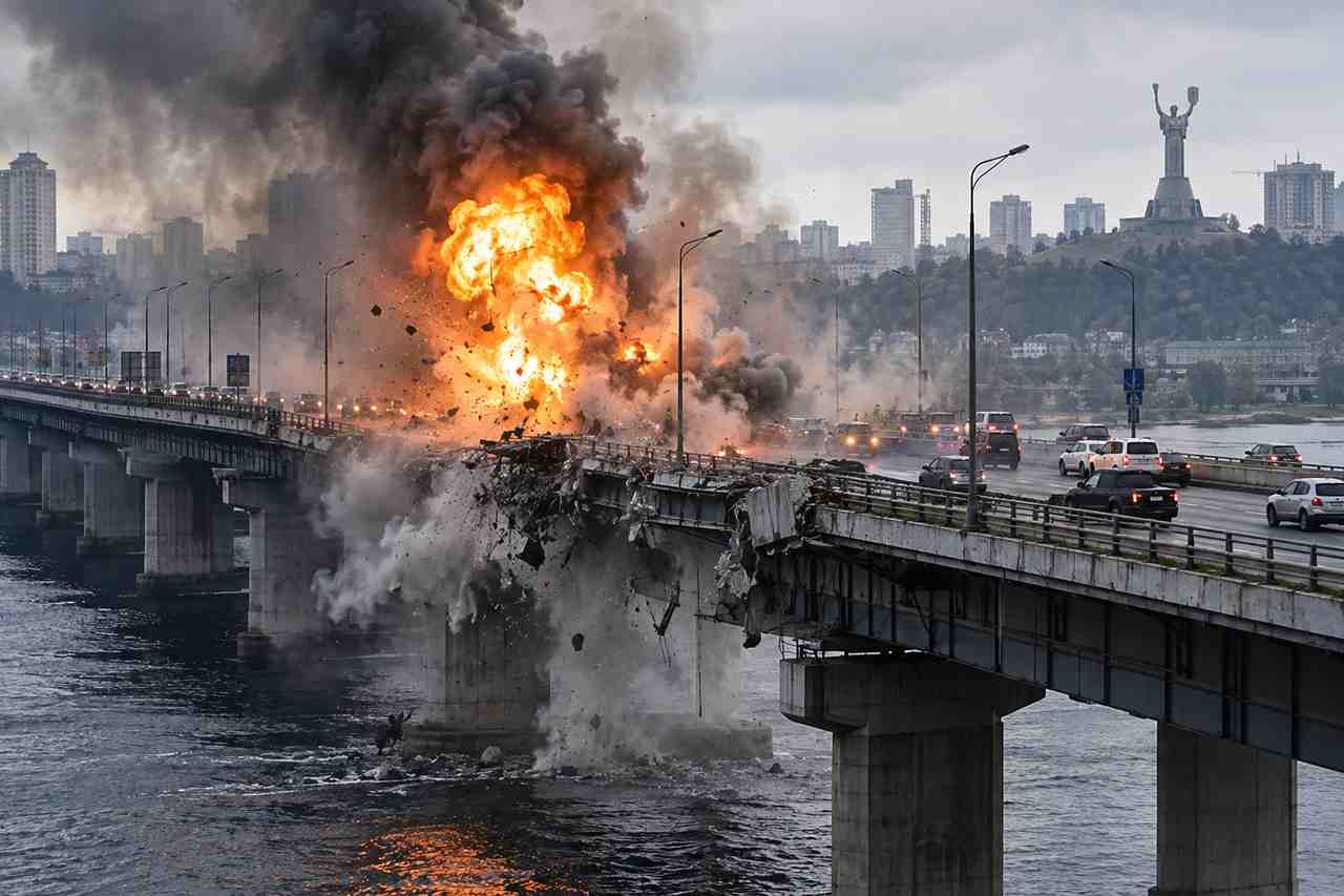 Jembatan di Kyiv rusak akibat serangan Rusia saat Kanselir Jerman Friedrich Merz berkunjung ke Ukraina.