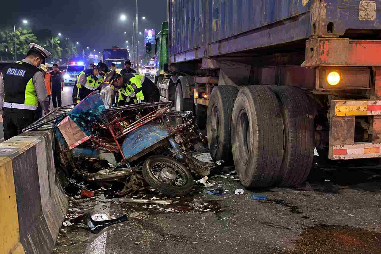 Kecelakaan becak motor terlindas truk kontainer di Jalan Daan Mogot, Jakarta Barat