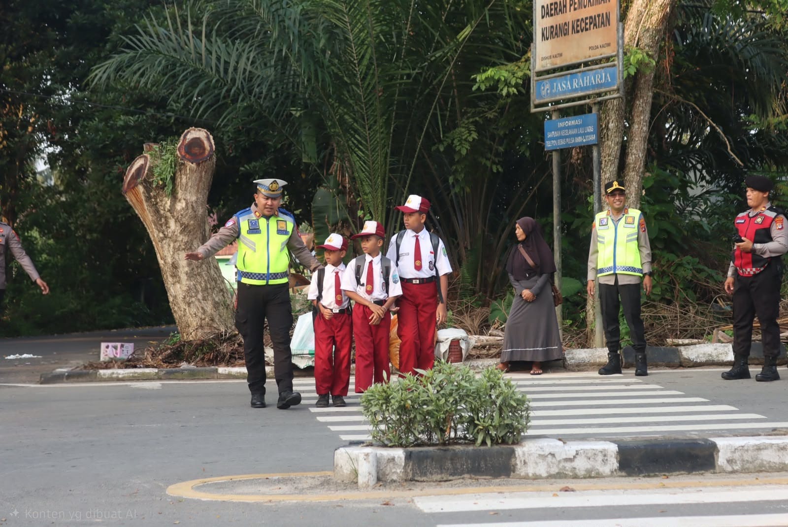 Personel Satlantas Polres Nunukan membantu pelajar menyeberang jalan sekaligus mengatur arus kendaraan di kawasan sekolah.