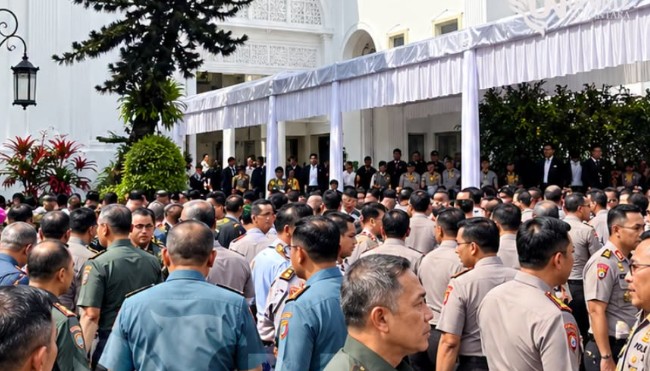 Presiden Prabowo Subianto mengumpulkan para pimpinan TNI dan Polri di Istana Kepresidenan, Jakarta, Rabu (7/10/2026).