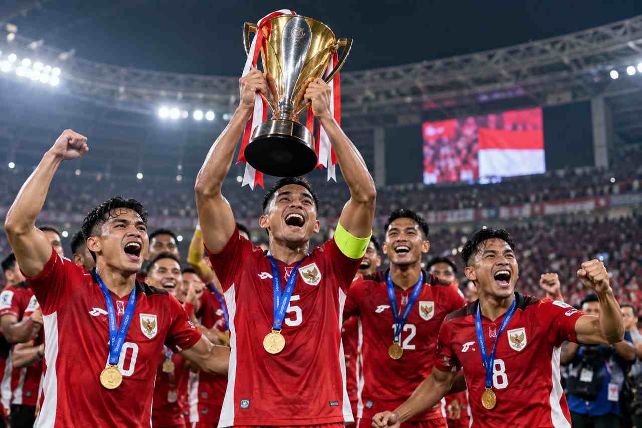Timnas Indonesia merayakan kemenangan dalam pertandingan sepak bola.