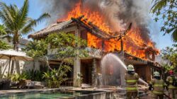 : Ilustrasi vila di Badung terbakar akibat api menyambar atap alang-alang.