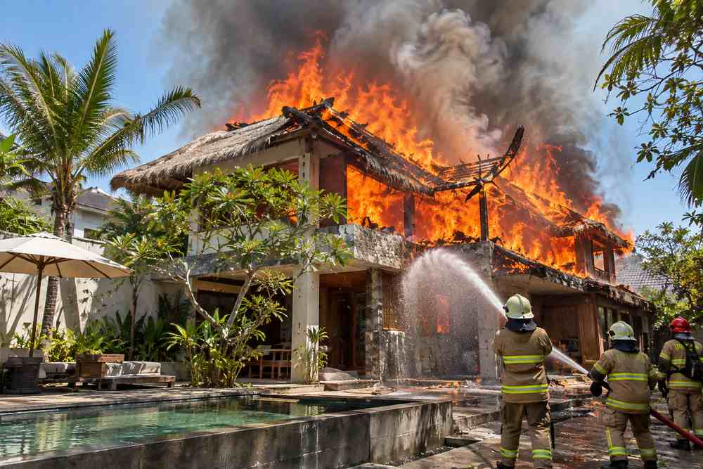 : Ilustrasi vila di Badung terbakar akibat api menyambar atap alang-alang.